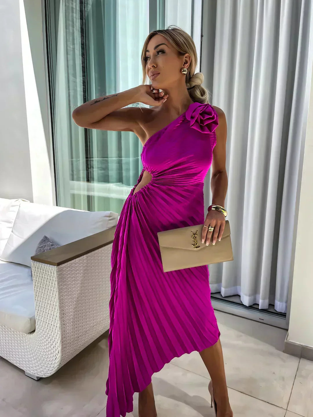 Women's Pleated Satin One Shoulder Maxi Dress