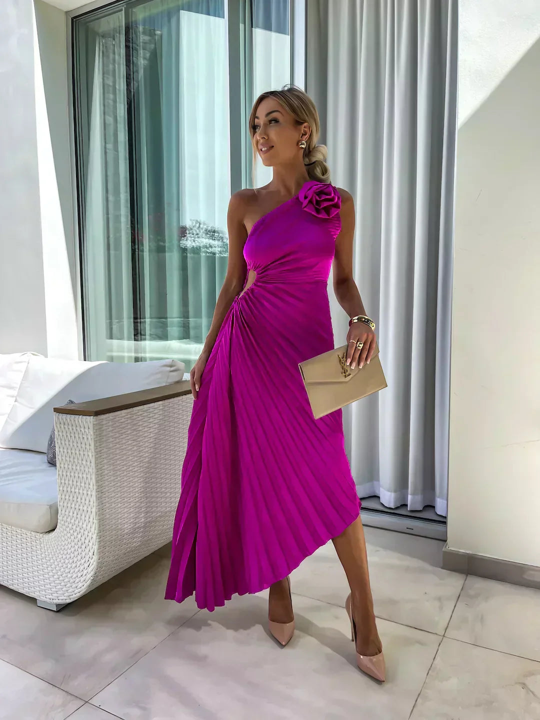 Women's Pleated Satin One Shoulder Maxi Dress