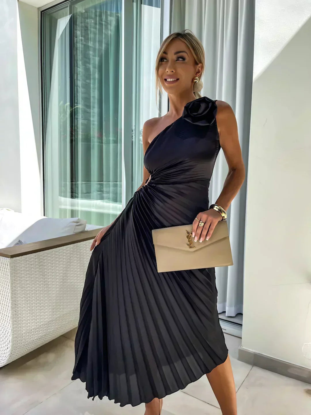 Women's Pleated Satin One Shoulder Maxi Dress