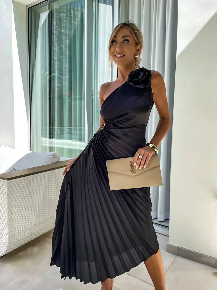 Women's Pleated Satin One Shoulder Maxi Dress