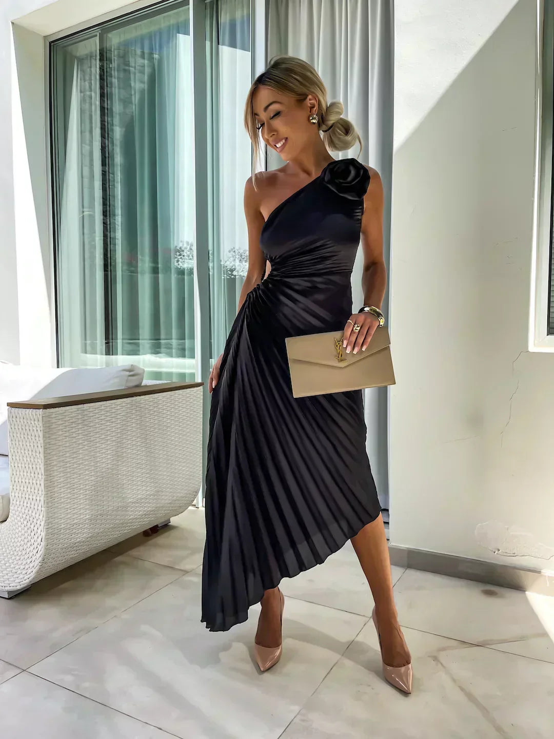 Women's Pleated Satin One Shoulder Maxi Dress