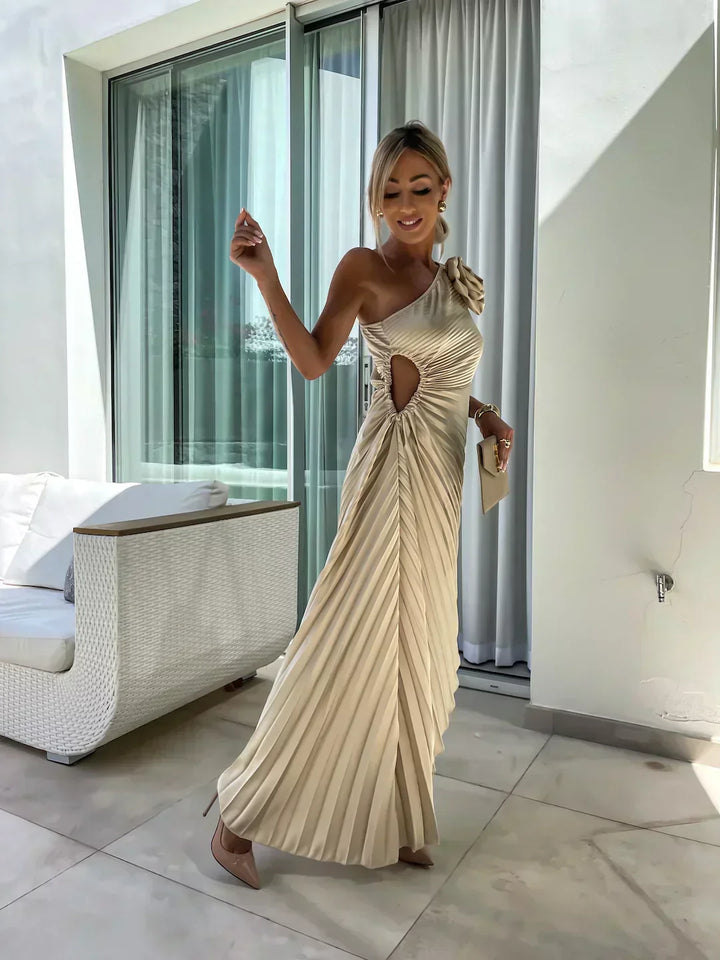 Women's Pleated Satin One Shoulder Maxi Dress