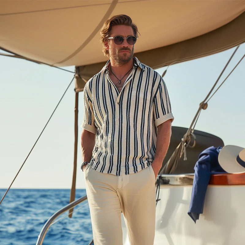Men's Striped Linen Short Sleeve Henley Shirt