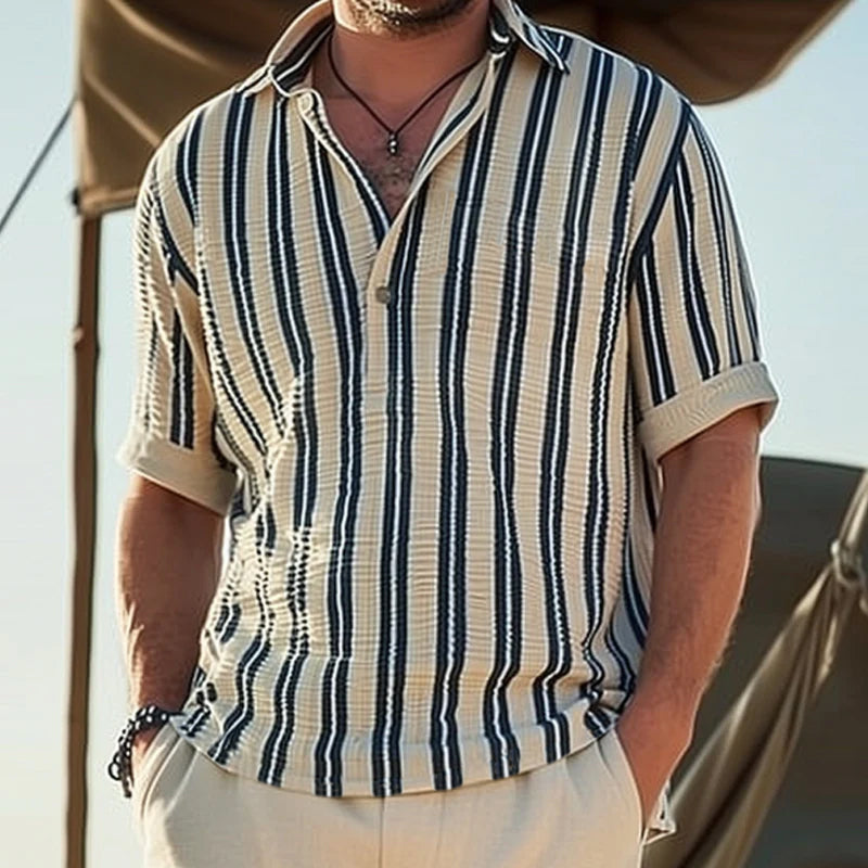 Men's Striped Linen Short Sleeve Henley Shirt