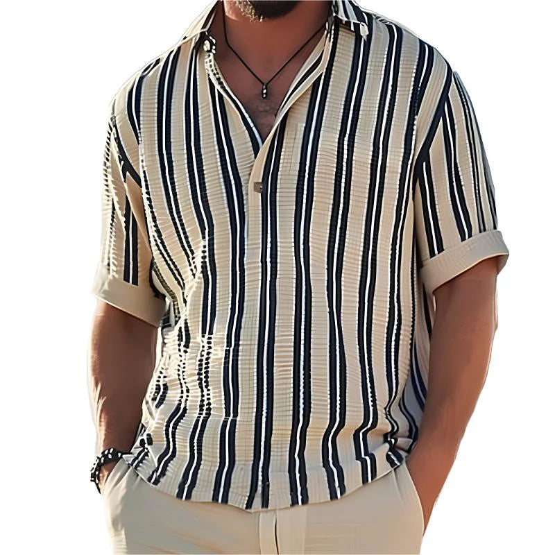 Men's Striped Linen Short Sleeve Henley Shirt