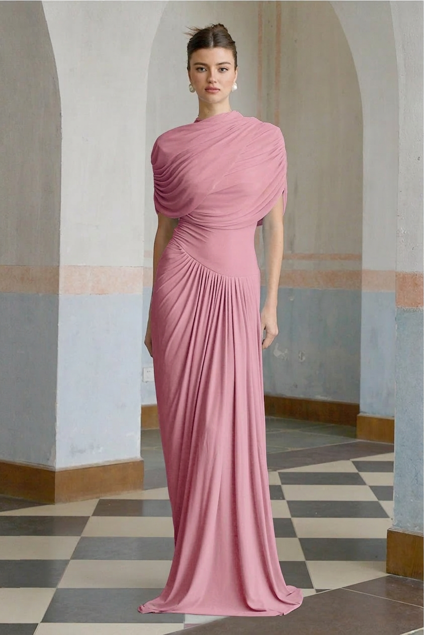 Women’s Satin Draped Mock-Neck Asymmetric Ruched Maxi Dress