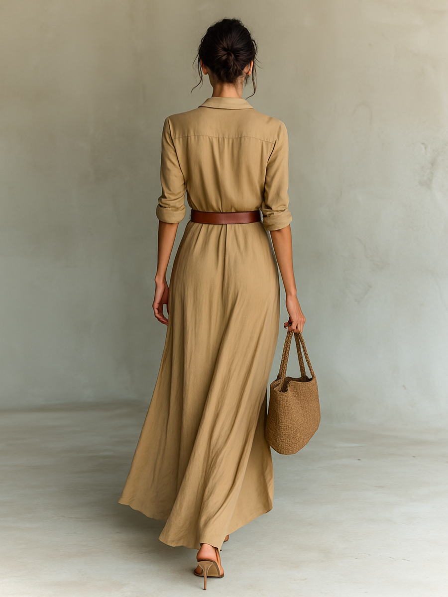 Women's Long Sleeve Belted Linen Blend Maxi Shirt Dress