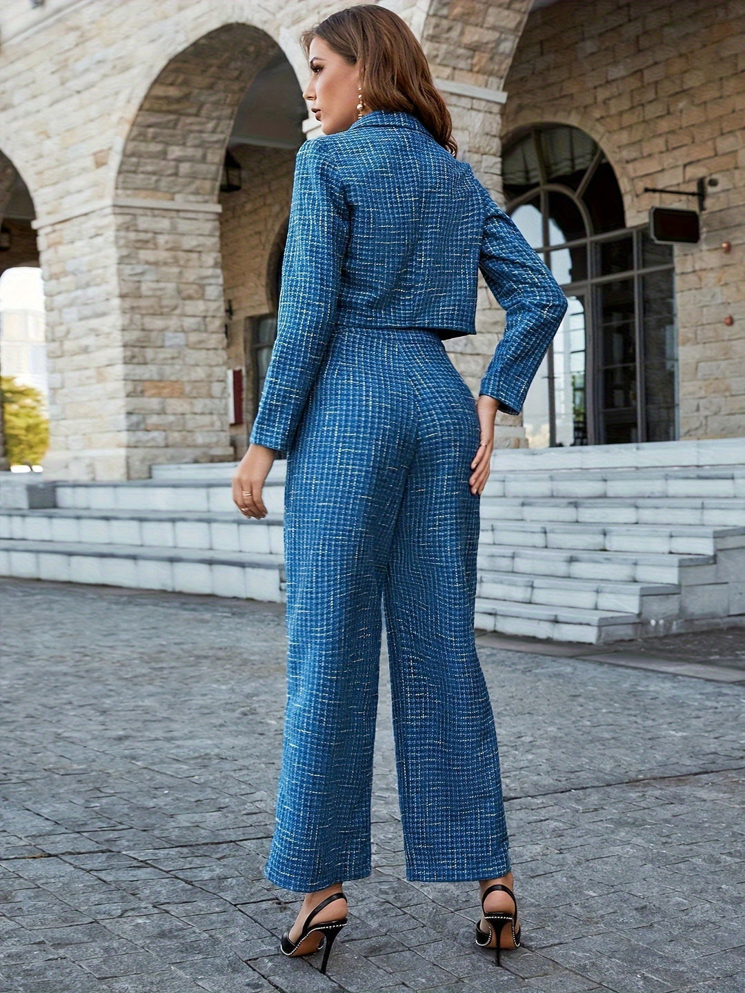 Women's Tweed 2 Piece Blazer and Wide Leg Trouser Set