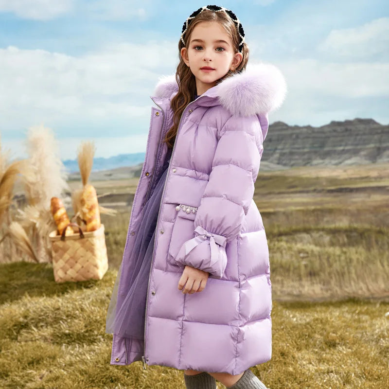 Girls’ Faux-Fur Hooded Long Quilted Puffer Coat