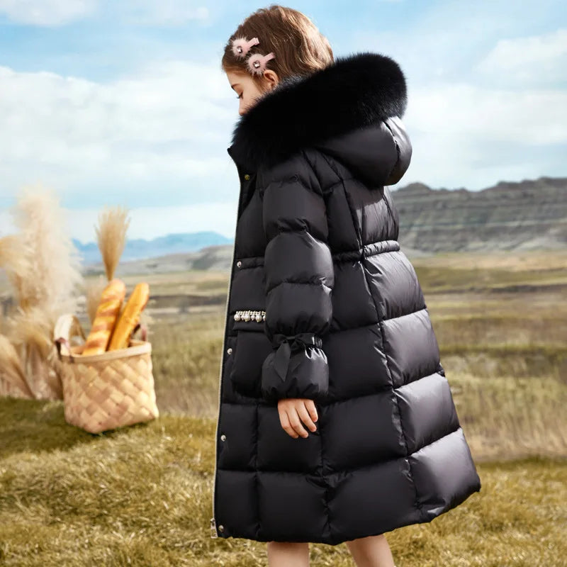 Girls’ Faux-Fur Hooded Long Quilted Puffer Coat