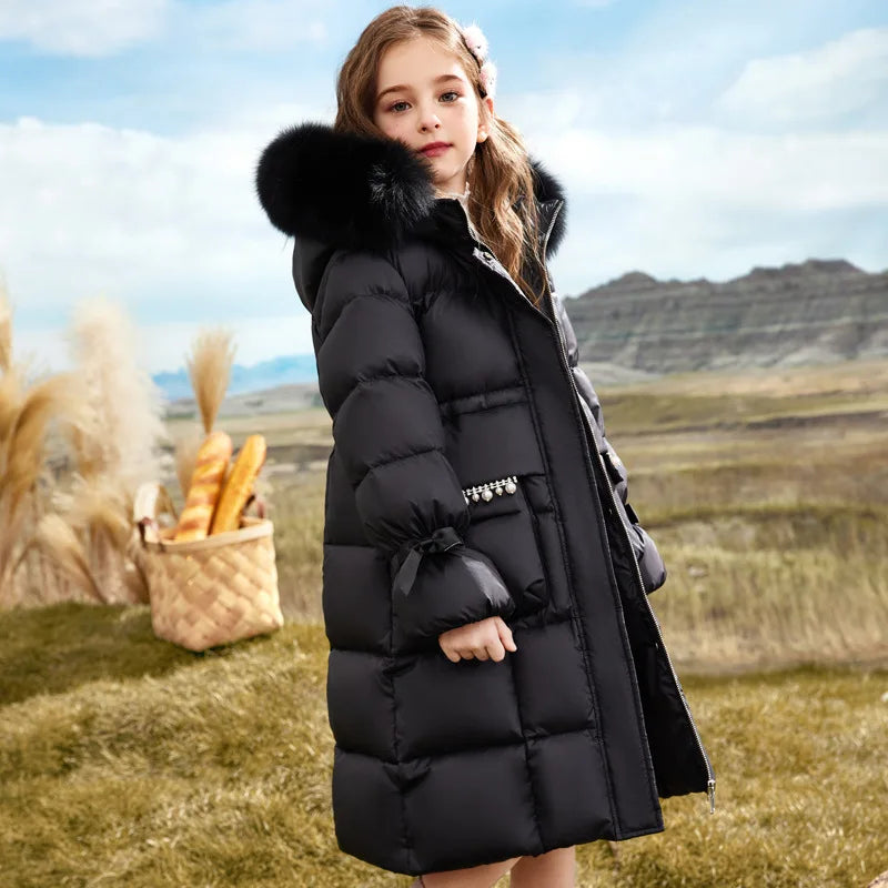 Girls’ Faux-Fur Hooded Long Quilted Puffer Coat