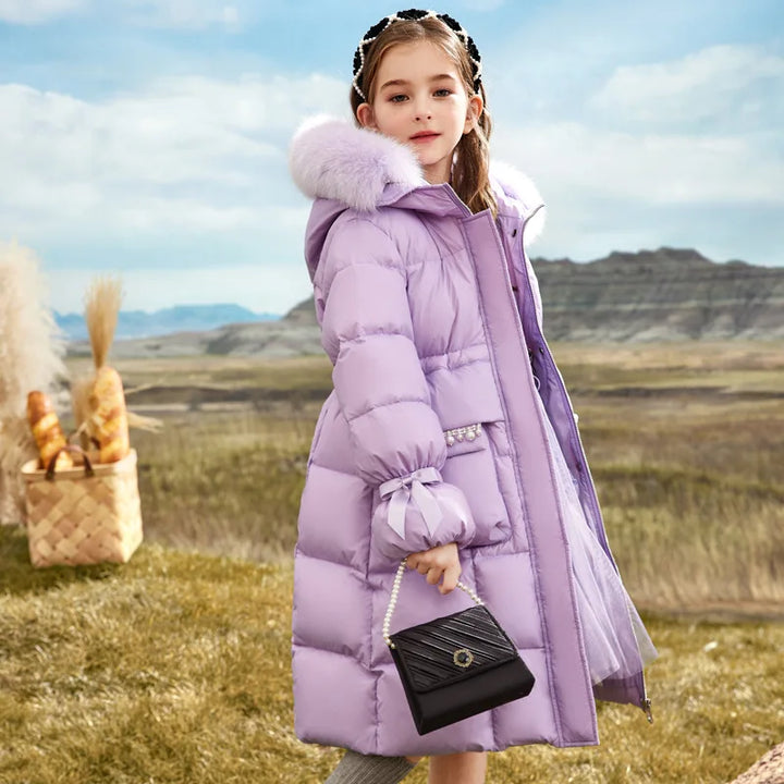 Girls’ Faux-Fur Hooded Long Quilted Puffer Coat