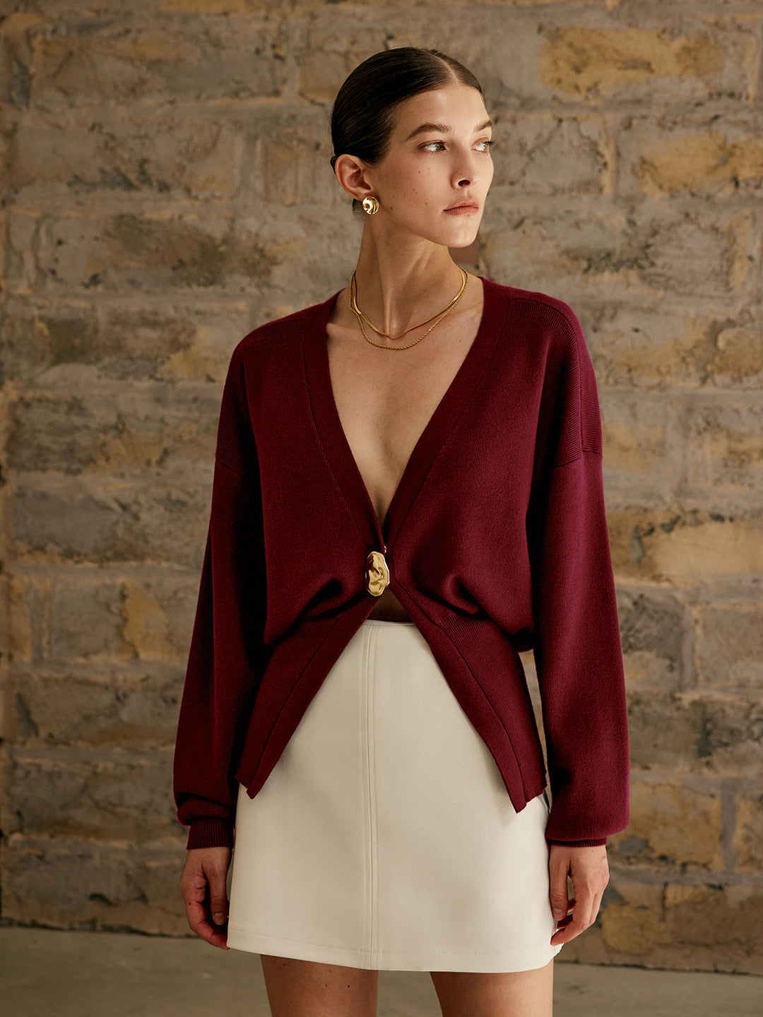 Women's Knit V-Neck Cropped Sweater Long Sleeve Cardigan