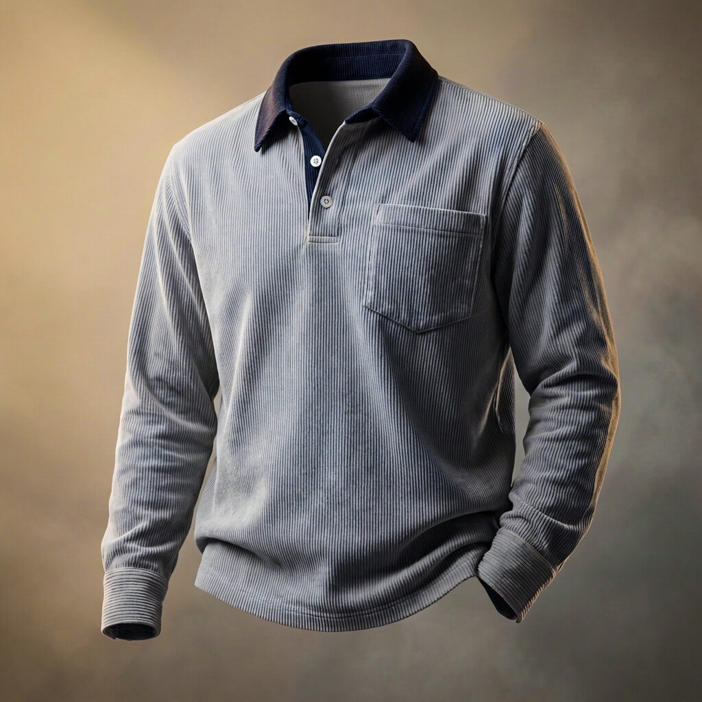 Men's Ribbed Knit Long Sleeve Polo Shirt