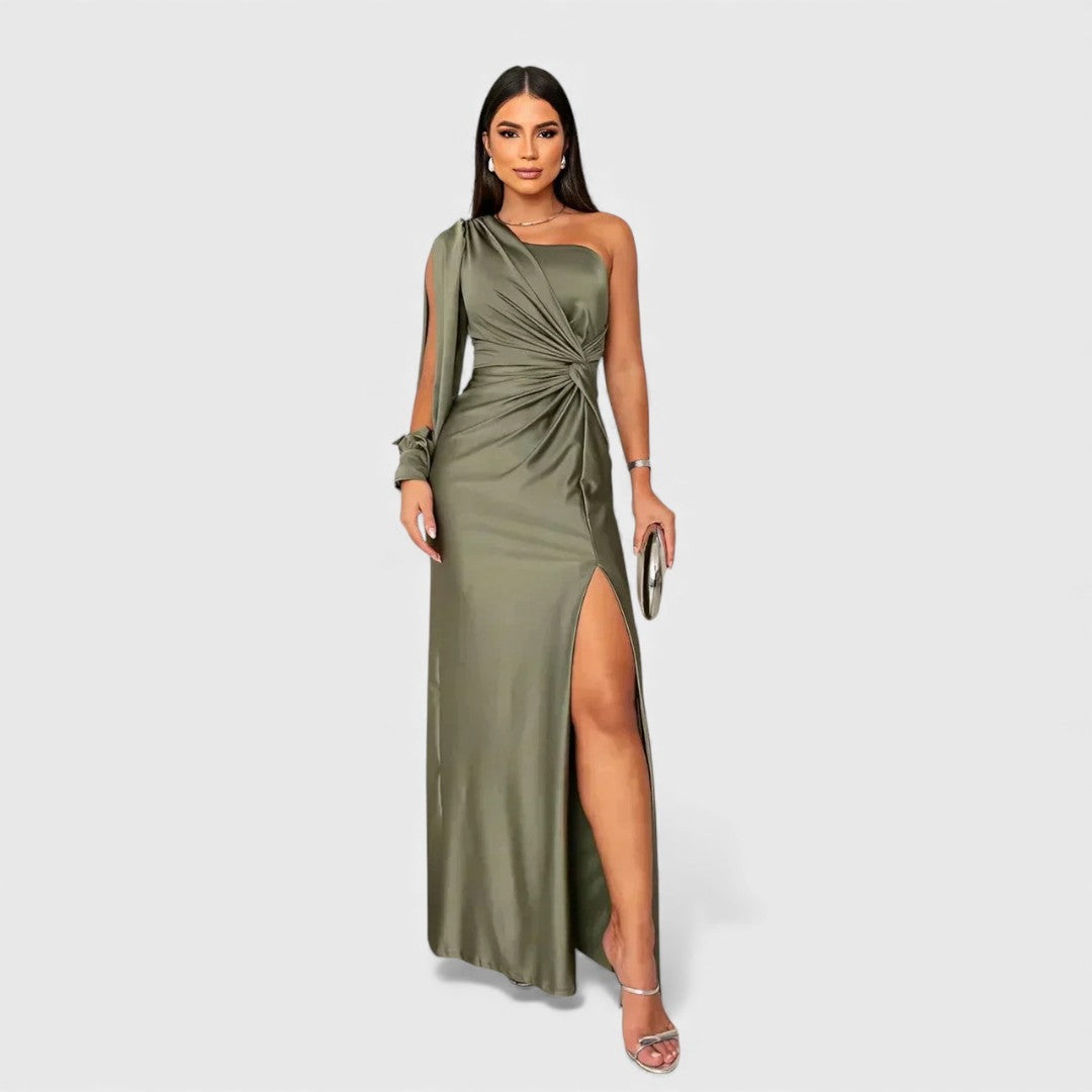 Women's Satin One-Shoulder Slit Maxi Dress