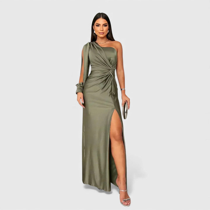 Women's Satin One-Shoulder Slit Maxi Dress