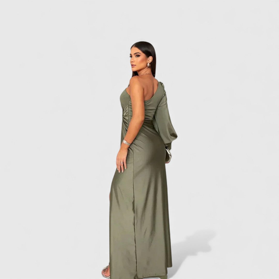 Women's Satin One-Shoulder Slit Maxi Dress