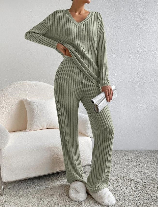 Women's Knit V-Neck Lounge Set Loungewear Co-ord Two-Piece Set