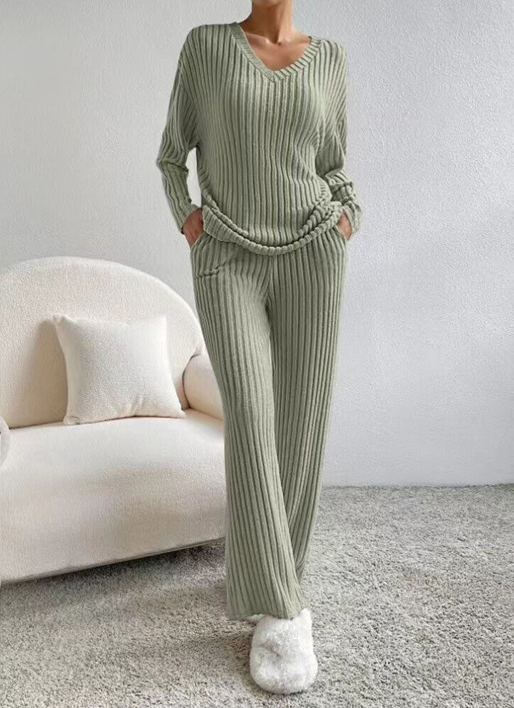 Women's Knit V-Neck Lounge Set Loungewear Co-ord Two-Piece Set