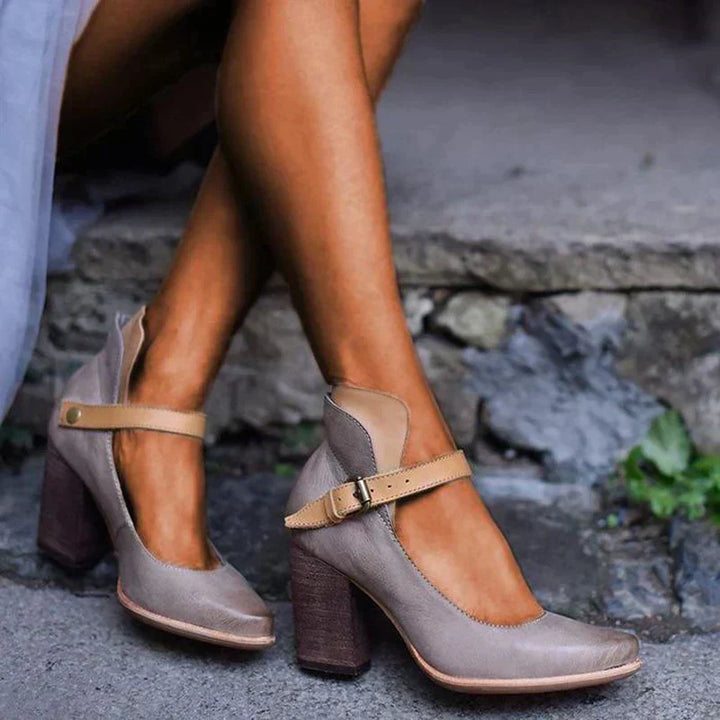 Women’s Leather Block Heel Ankle Strap Pumps
