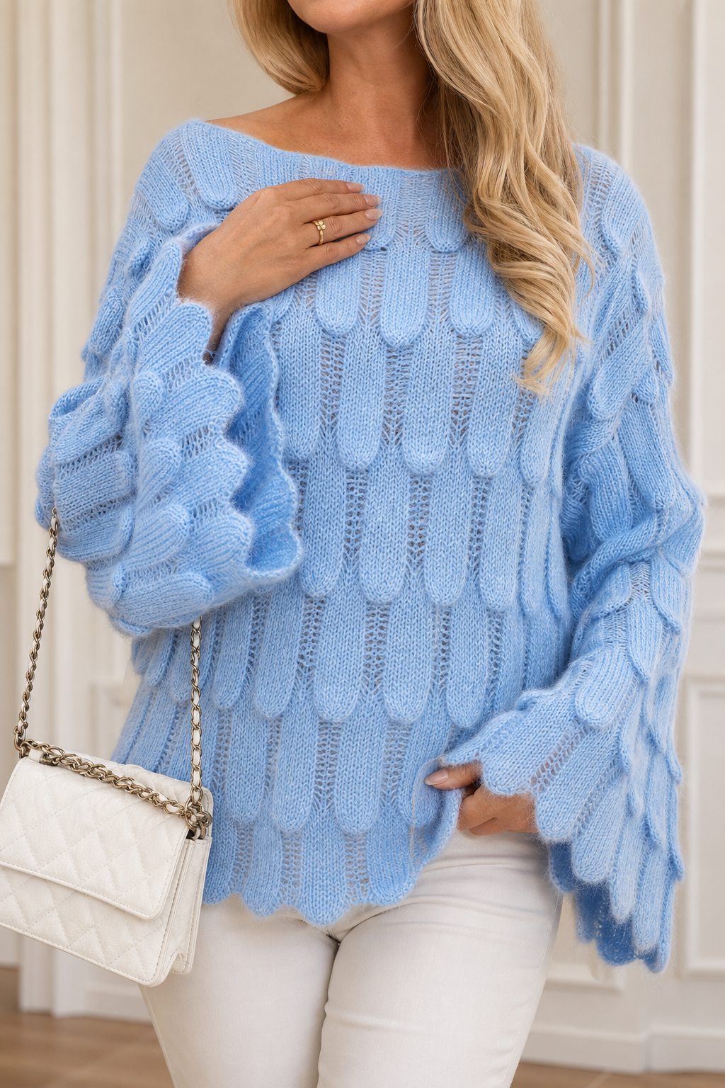Women's Knit Cable Long Bell Sleeve Crochet Pullover Jumper