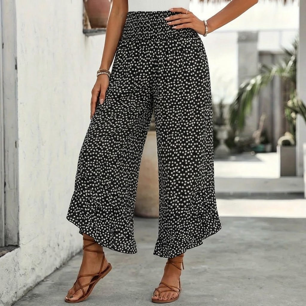 Women's Lightweight Chiffon High Waist Ruffle Wide Leg Trousers