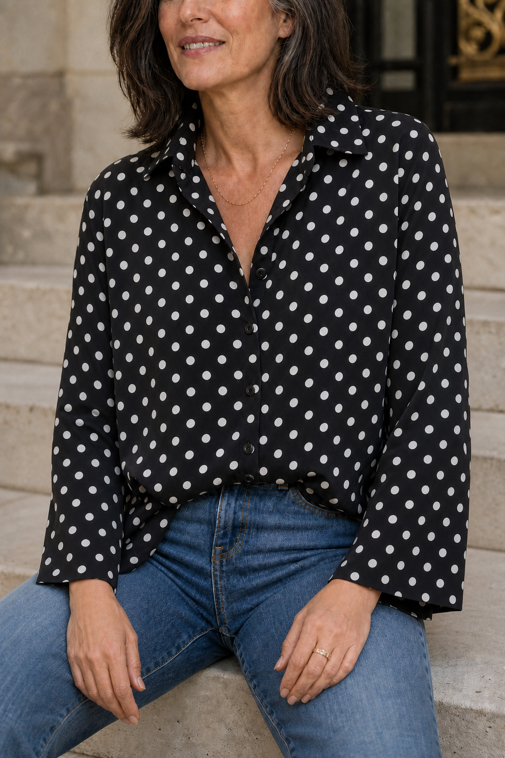 Women's Polka Dot Chiffon Blouse Long Lantern Sleeve Button Shirt