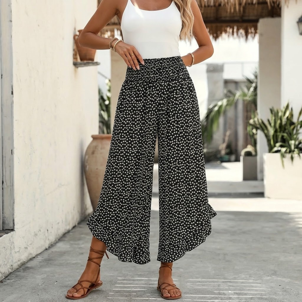 Women's Lightweight Chiffon High Waist Ruffle Wide Leg Trousers