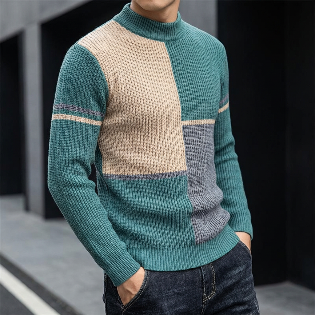 Men's Knit Jumper Wool Mix Mock Neck Pullover Sweater