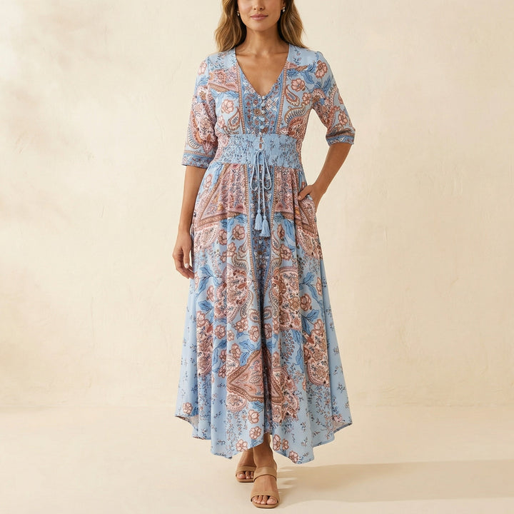 Dámské dlouhé květované šaty na pláž v boho stylu, s dlouhými rukávy, šifonové, na slunce
