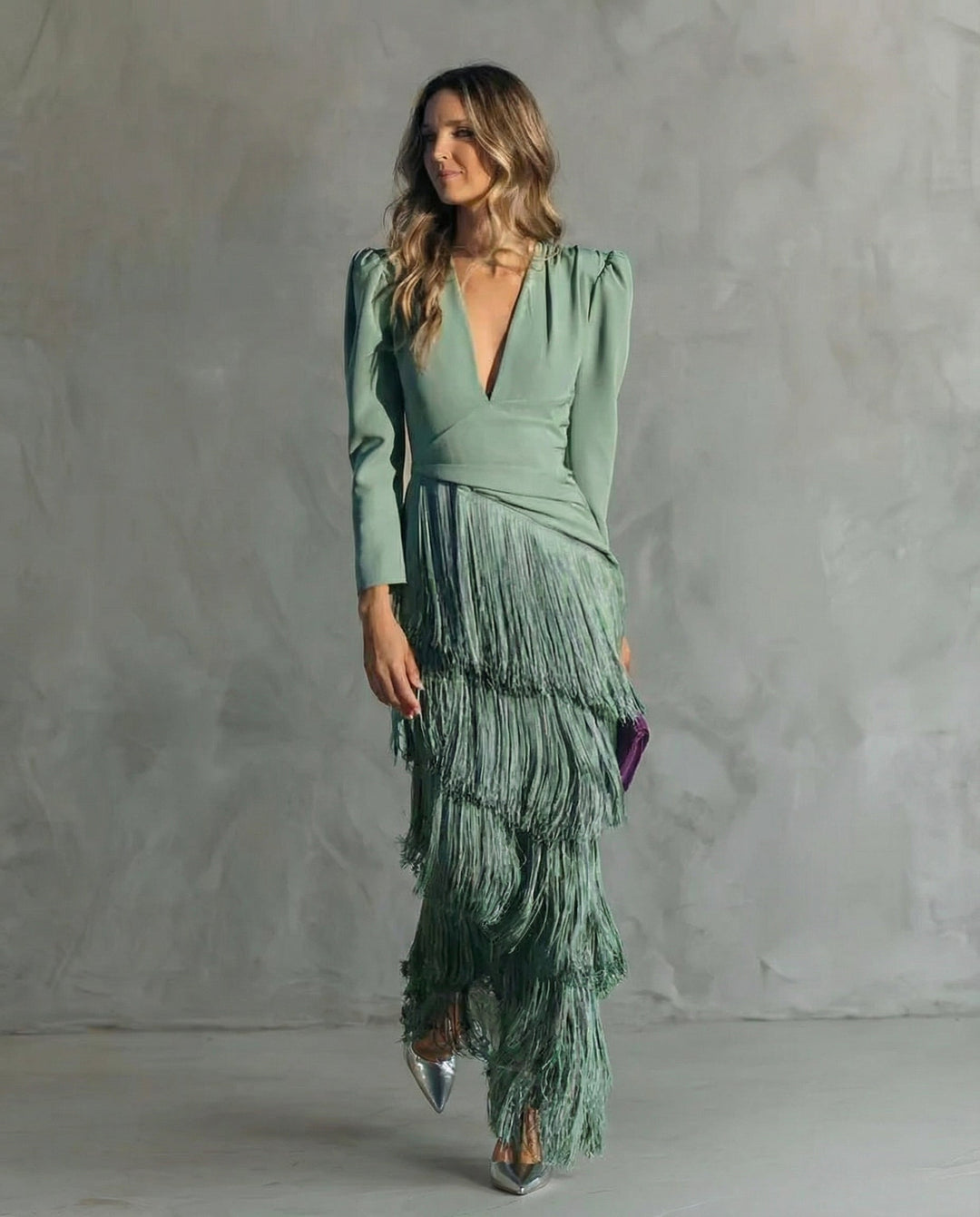 Women's Chiffon V-Neck Fringe Midi Dress
