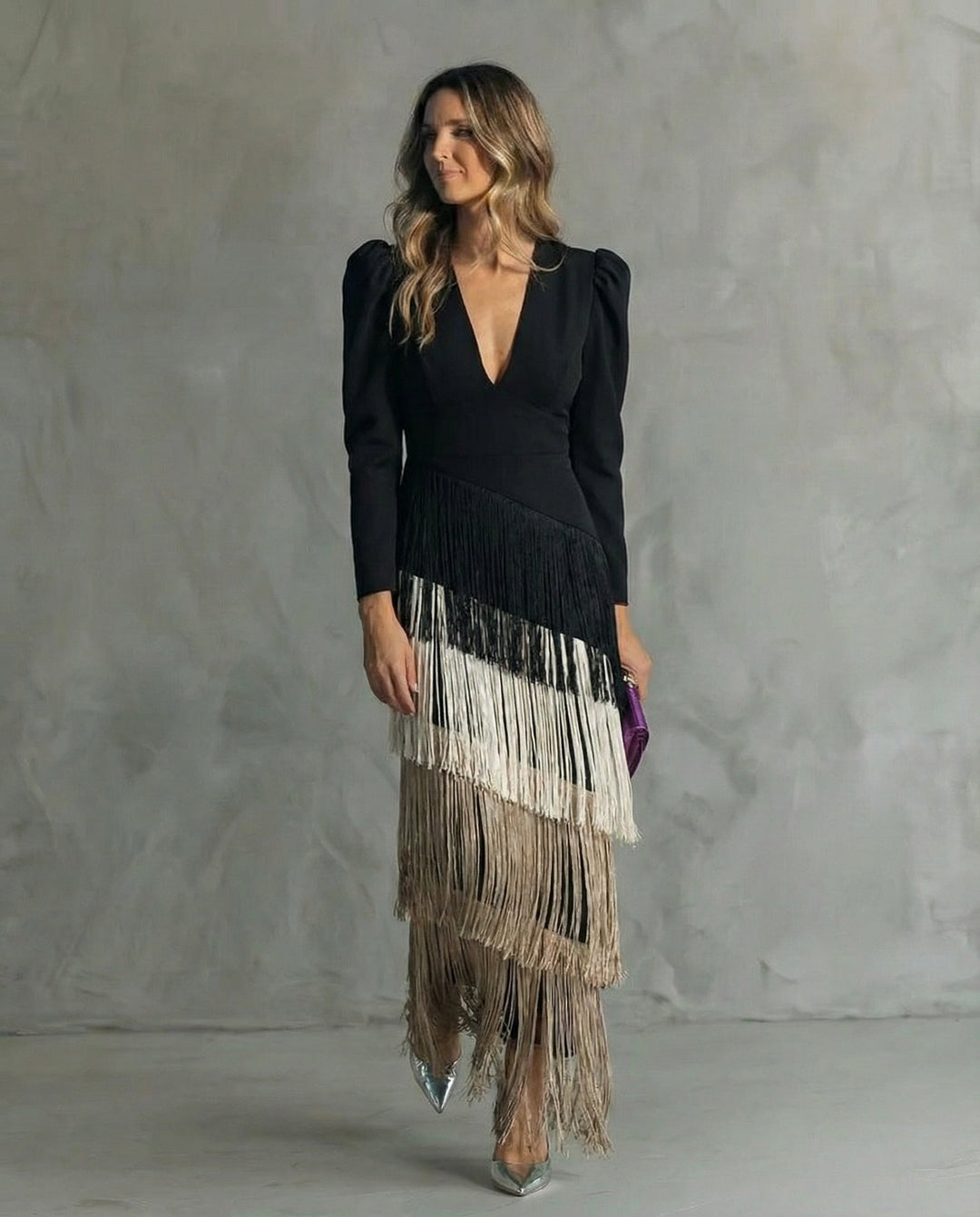 Women's Chiffon V-Neck Fringe Midi Dress