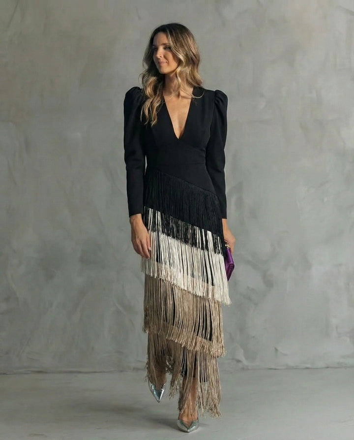 Women's Chiffon V-Neck Fringe Midi Dress
