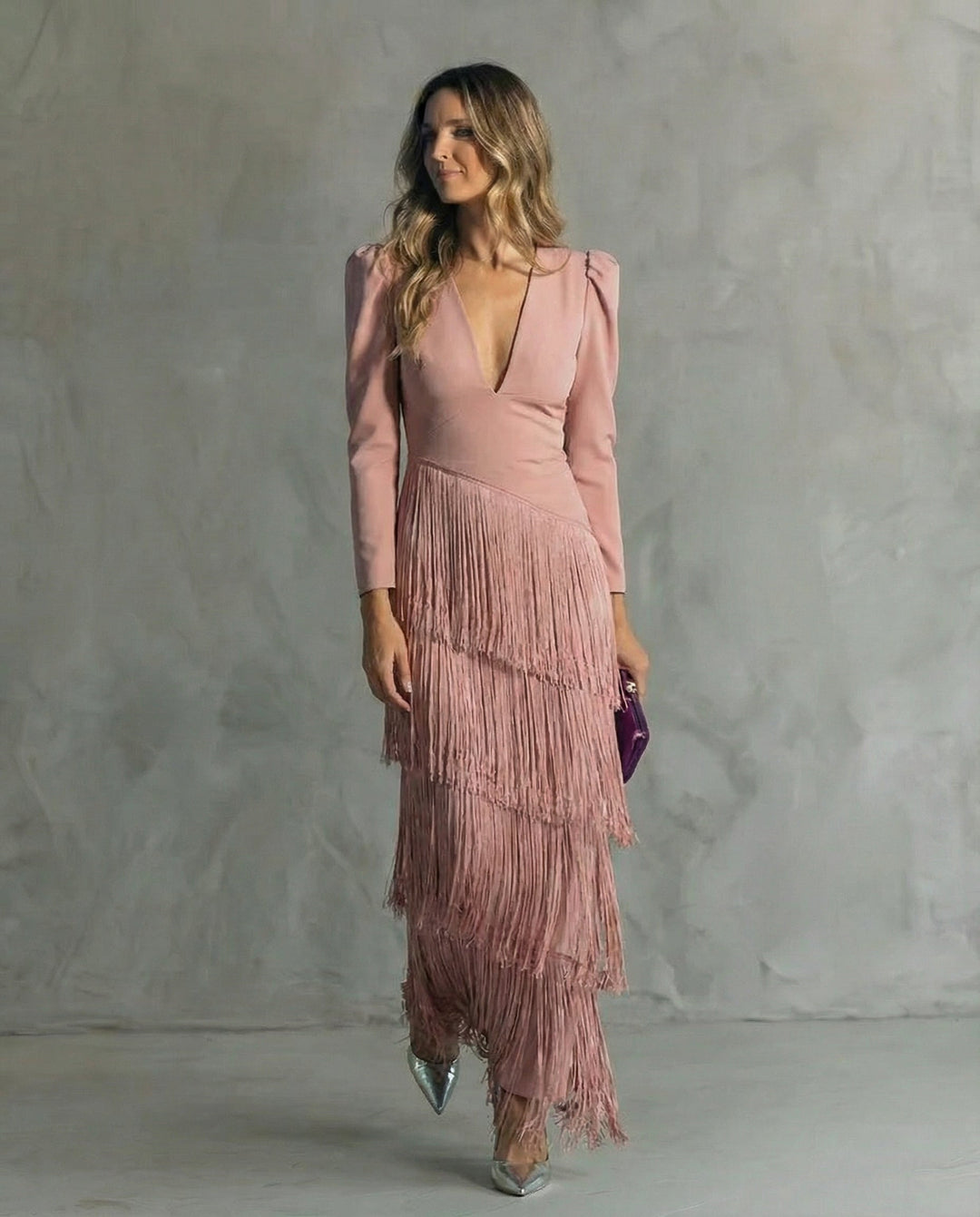 Women's Chiffon V-Neck Fringe Midi Dress