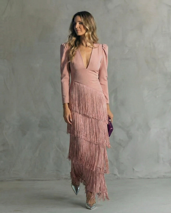 Women's Chiffon V-Neck Fringe Midi Dress