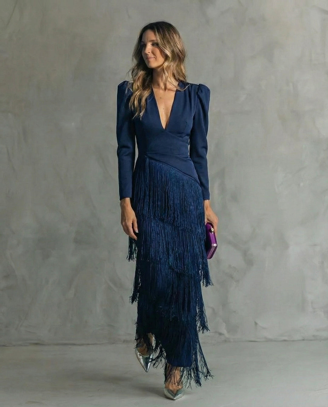Women's Chiffon V-Neck Fringe Midi Dress
