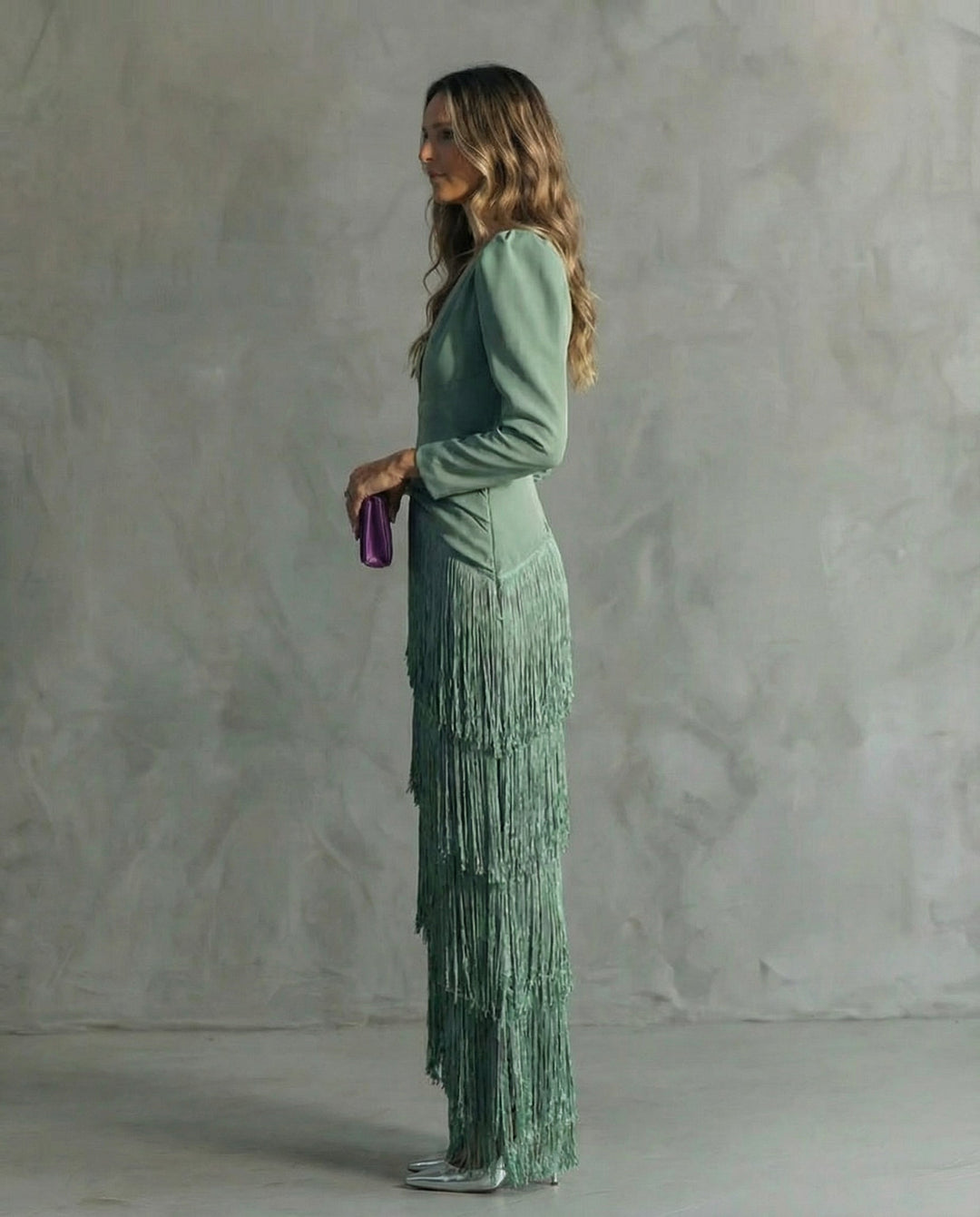 Women's Chiffon V-Neck Fringe Midi Dress