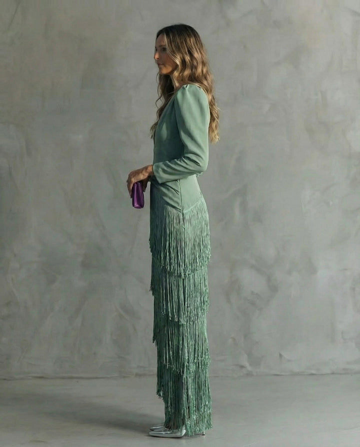 Women's Chiffon V-Neck Fringe Midi Dress