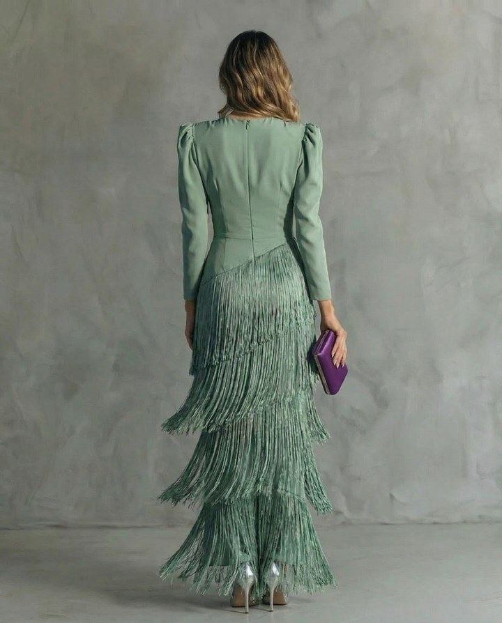 Women's Chiffon V-Neck Fringe Midi Dress