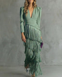 Women's Chiffon V-Neck Fringe Midi Dress