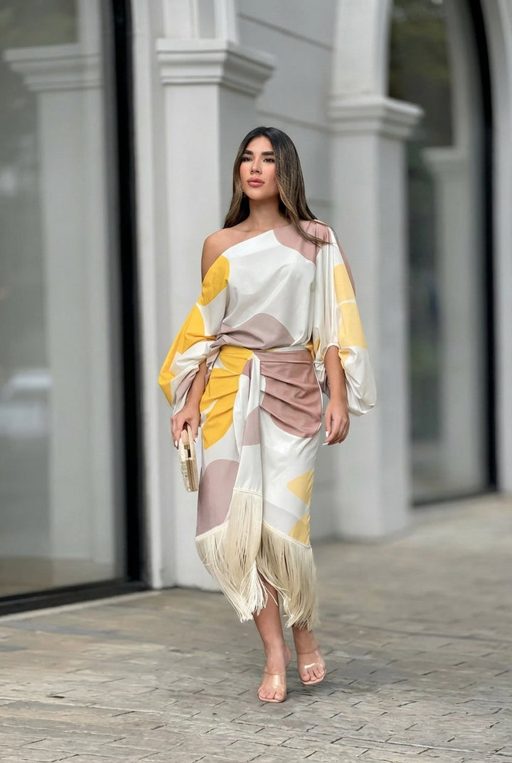 Women's Satin One-Shoulder Two-Piece Midi Set