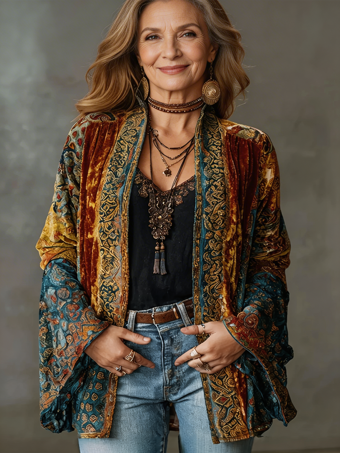 Women's Velvet Boho Kimono Cardigan Jacket