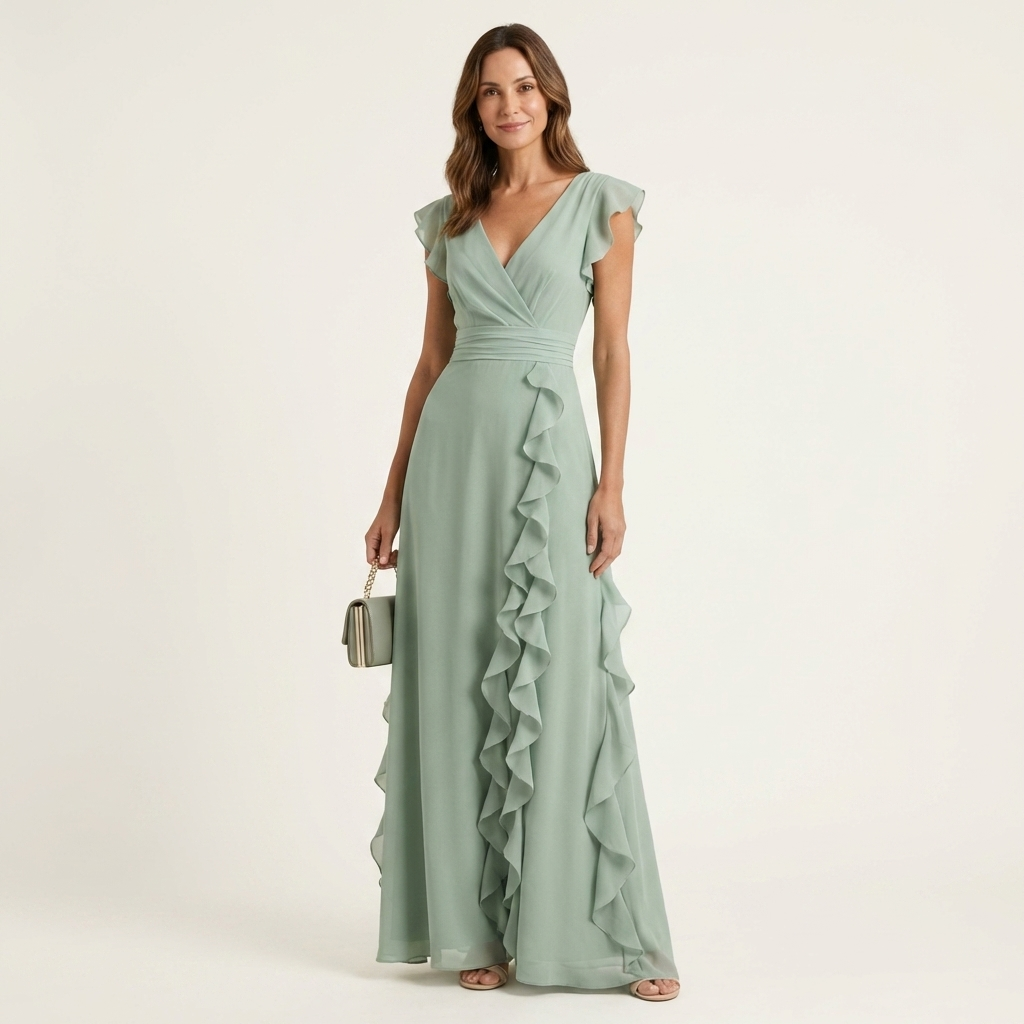 Women's Maxi Dress Silk Ruffle Wrap Formal Evening Gown
