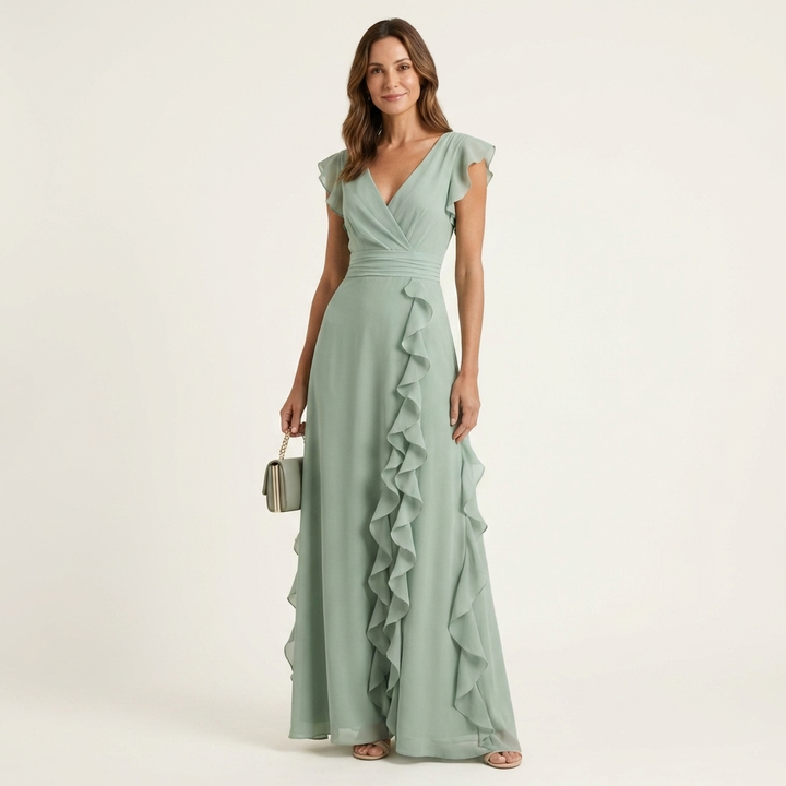 Women's Maxi Dress Silk Ruffle Wrap Formal Evening Gown