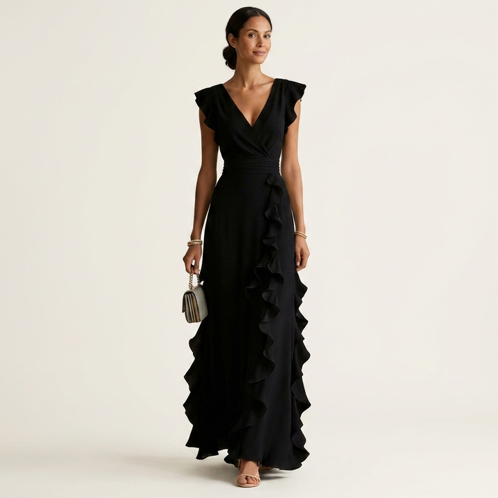 Women’s Silk Ruffle V-Neck Layered-Sleeve Wrap Maxi Dress
