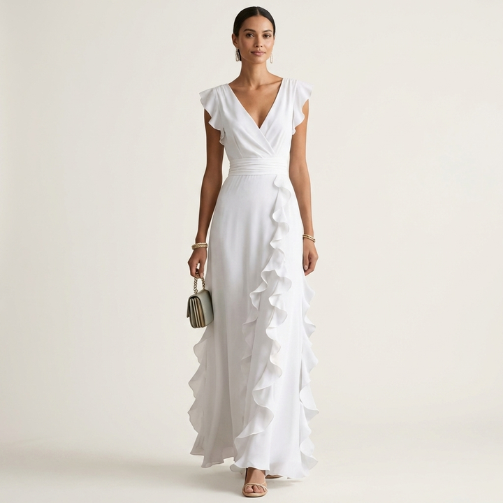 Women's Maxi Dress Silk Ruffle Wrap Formal Evening Gown