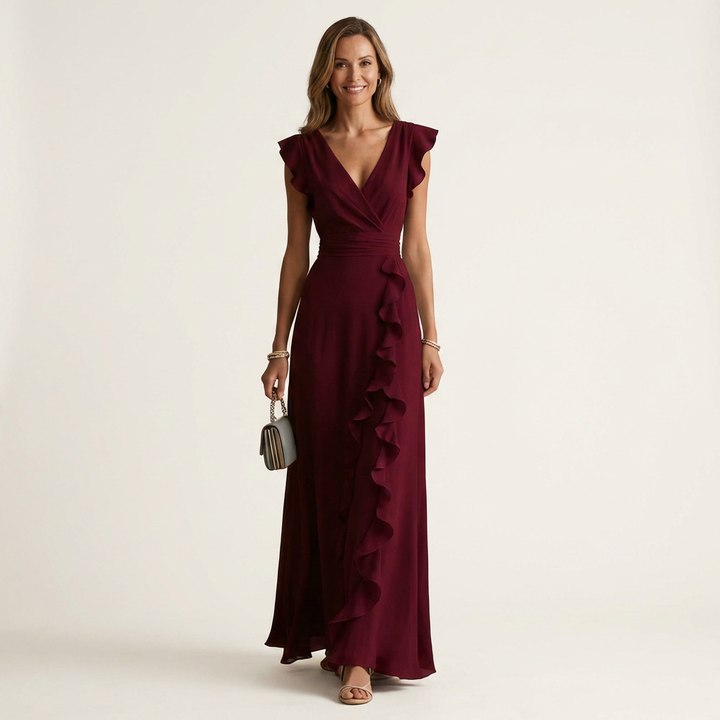 Women’s Silk Ruffle V-Neck Layered-Sleeve Wrap Maxi Dress