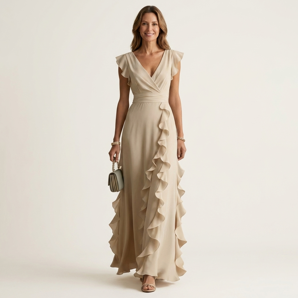 Women’s Silk Ruffle V-Neck Layered-Sleeve Wrap Maxi Dress