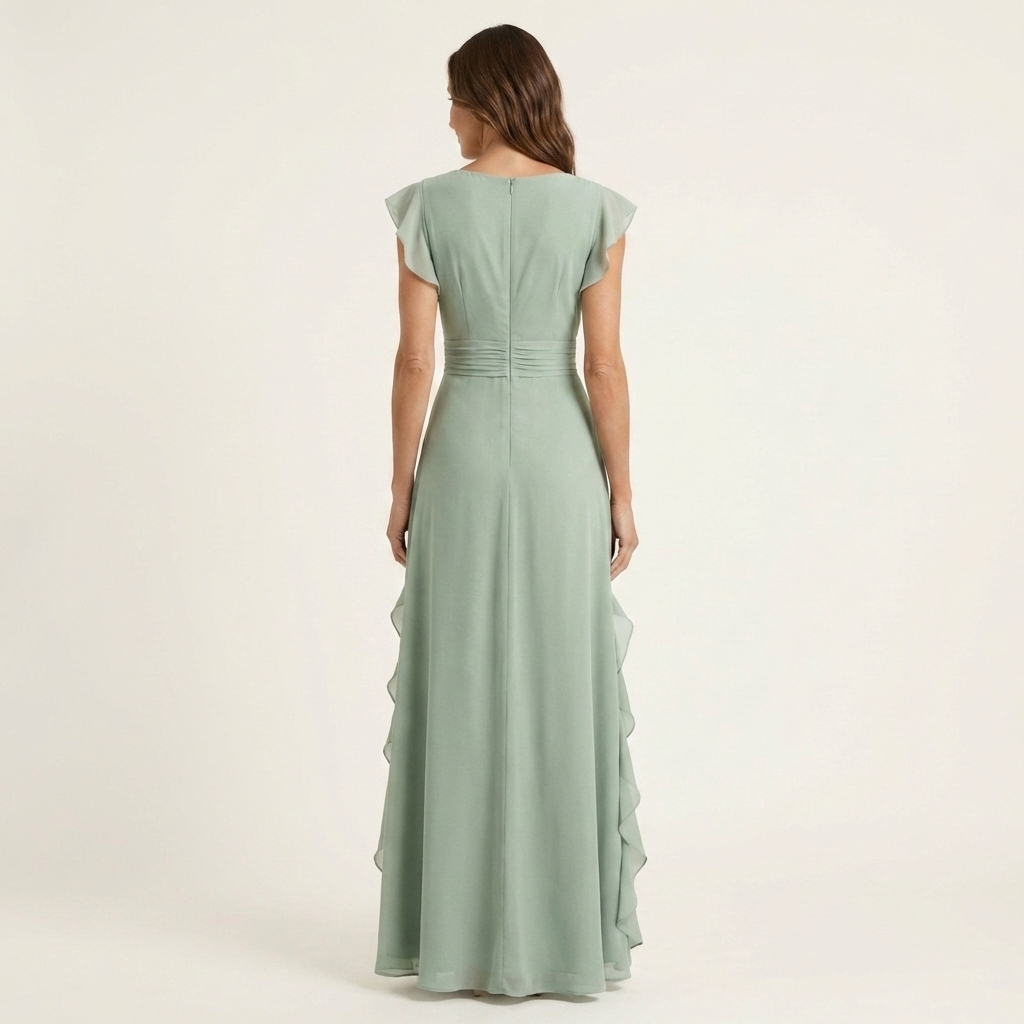 Women’s Silk Ruffle V-Neck Layered-Sleeve Wrap Maxi Dress