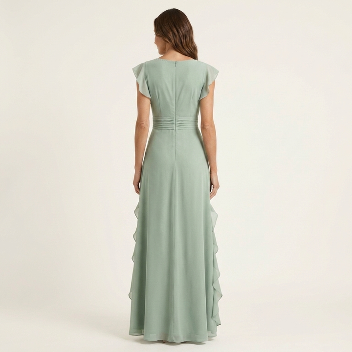 Women’s Silk Ruffle V-Neck Layered-Sleeve Wrap Maxi Dress